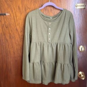 Waffle knit olive long sleeve top